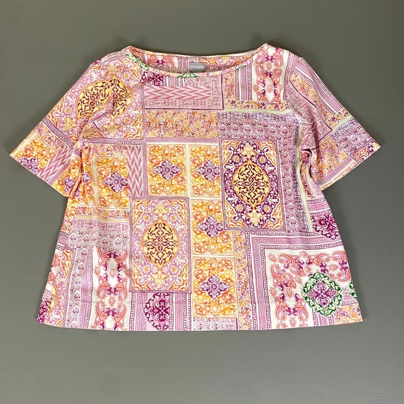 Chico's Patchwork Paisley Floral Blouse‎ Top Pima Women's XL Cotton Short Sleeve - Picture 1 of 11